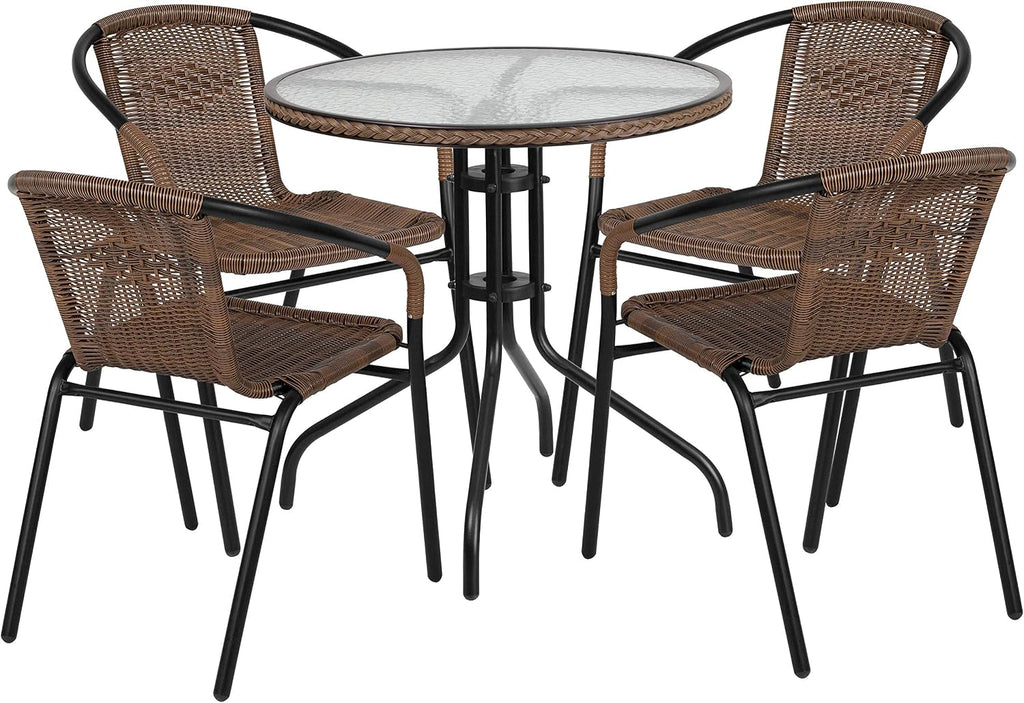 Flash Furniture Lila 28'' Round Glass Metal Table with Dark Brown Rattan Edging and 4 Dark Brown Rattan Stack Chairs