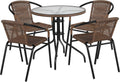 Flash Furniture Lila 28'' Round Glass Metal Table with Dark Brown Rattan Edging and 4 Dark Brown Rattan Stack Chairs