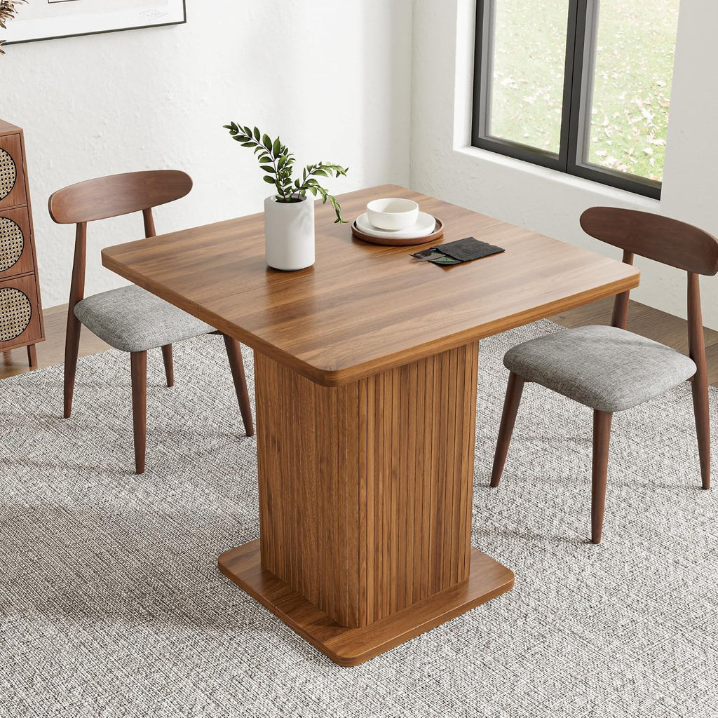 Small Square Dining Table for 2-4, 31.5 Inch Farmhouse Kitchen Table with 2-Tier Storage Shelf, Modern Wood Dinner Furniture with Fluted Doors, Dining Room, Living Room, Space Saving, Walnut
