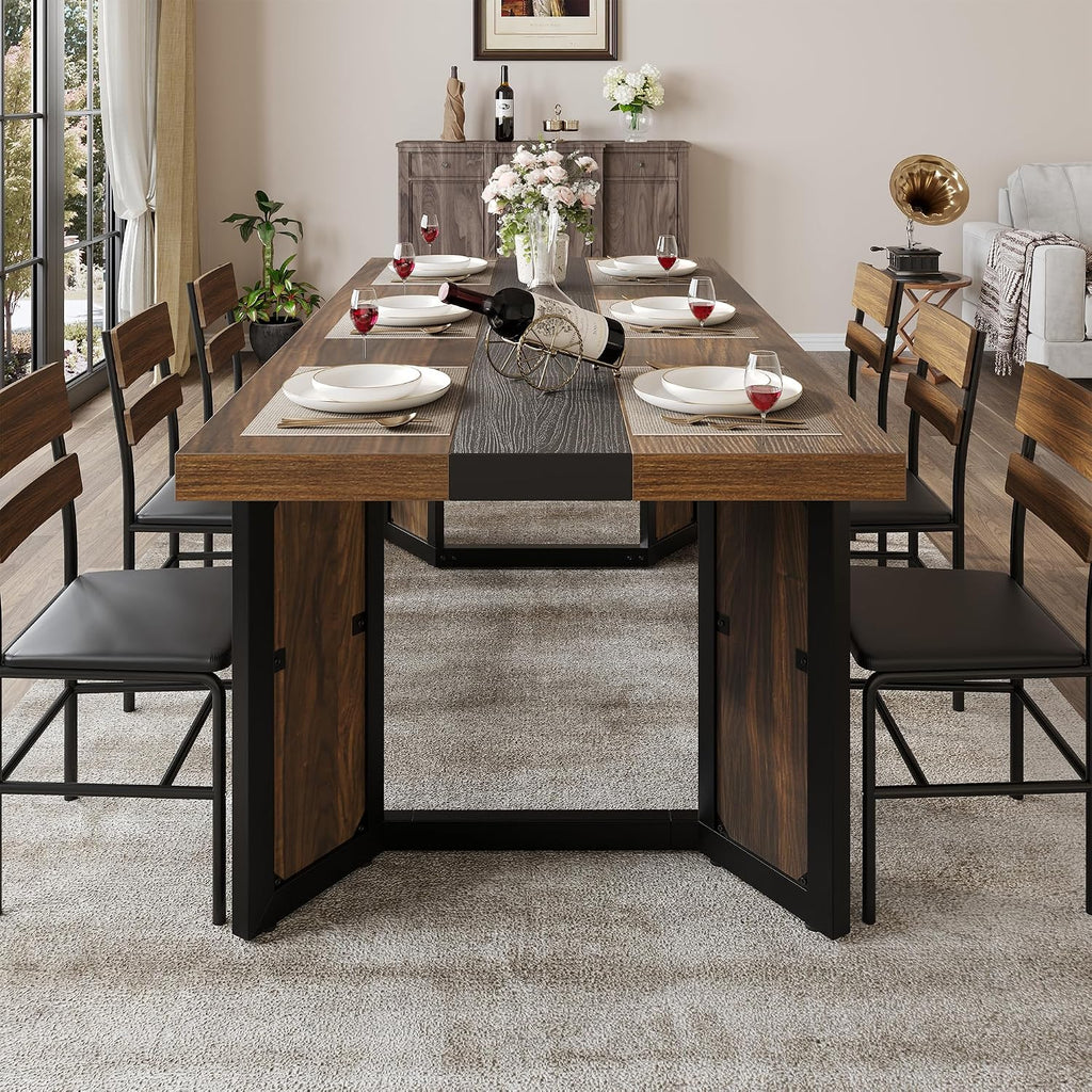 Industrial Dining Table for 6-8 People, 71' Large Long Wooden Kitchen Table with Sturdy Metal Frame & Brown Finish, Rustic Style Rectangular Dinner Table for Dining Room, Kitchen (Reddish Brown )