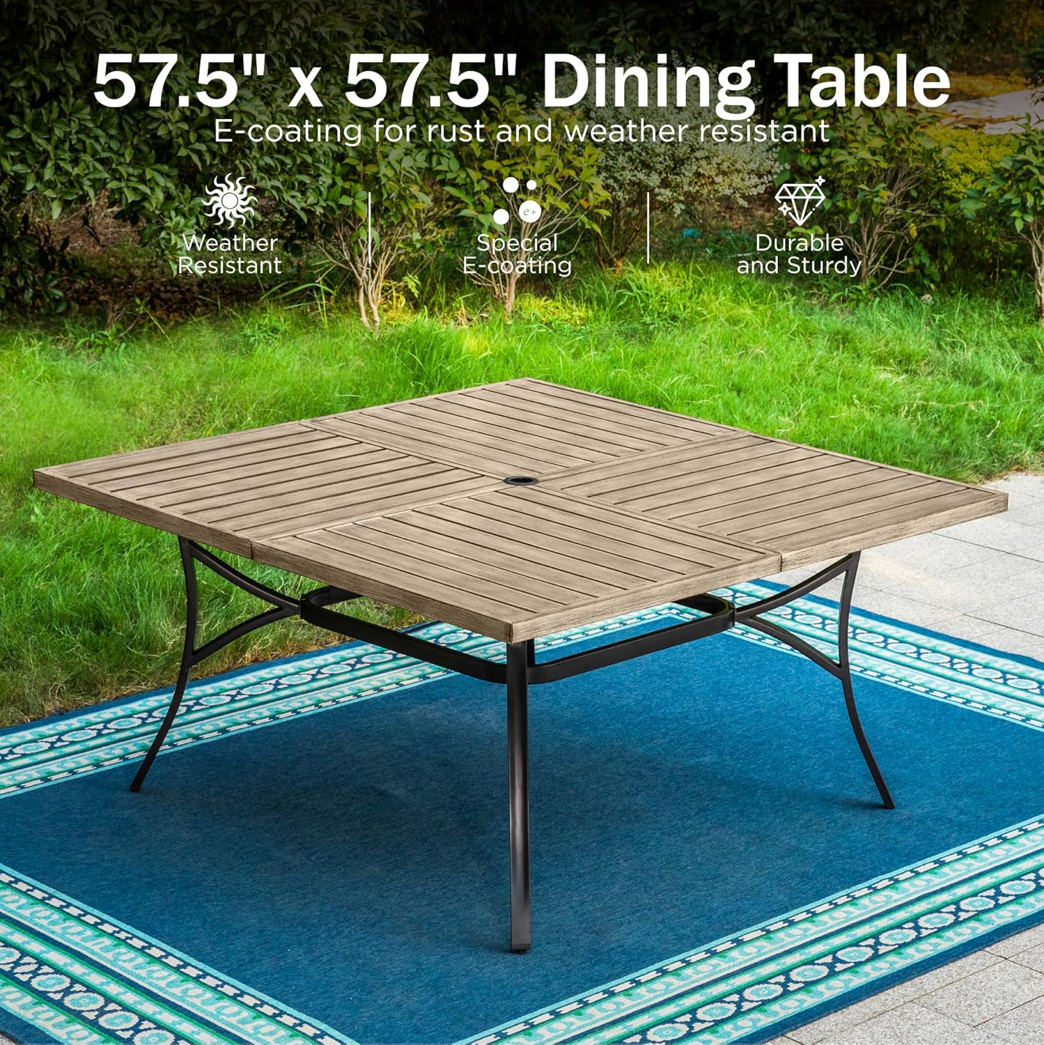 PHI VILLA 57.5' Outdoor Patio Table for 8 Person, Large Square Metal Steel Dining Table with Umbrella Hole, Weather-Resistant Wood-Like Table for Deck Backyards Porch, Brown