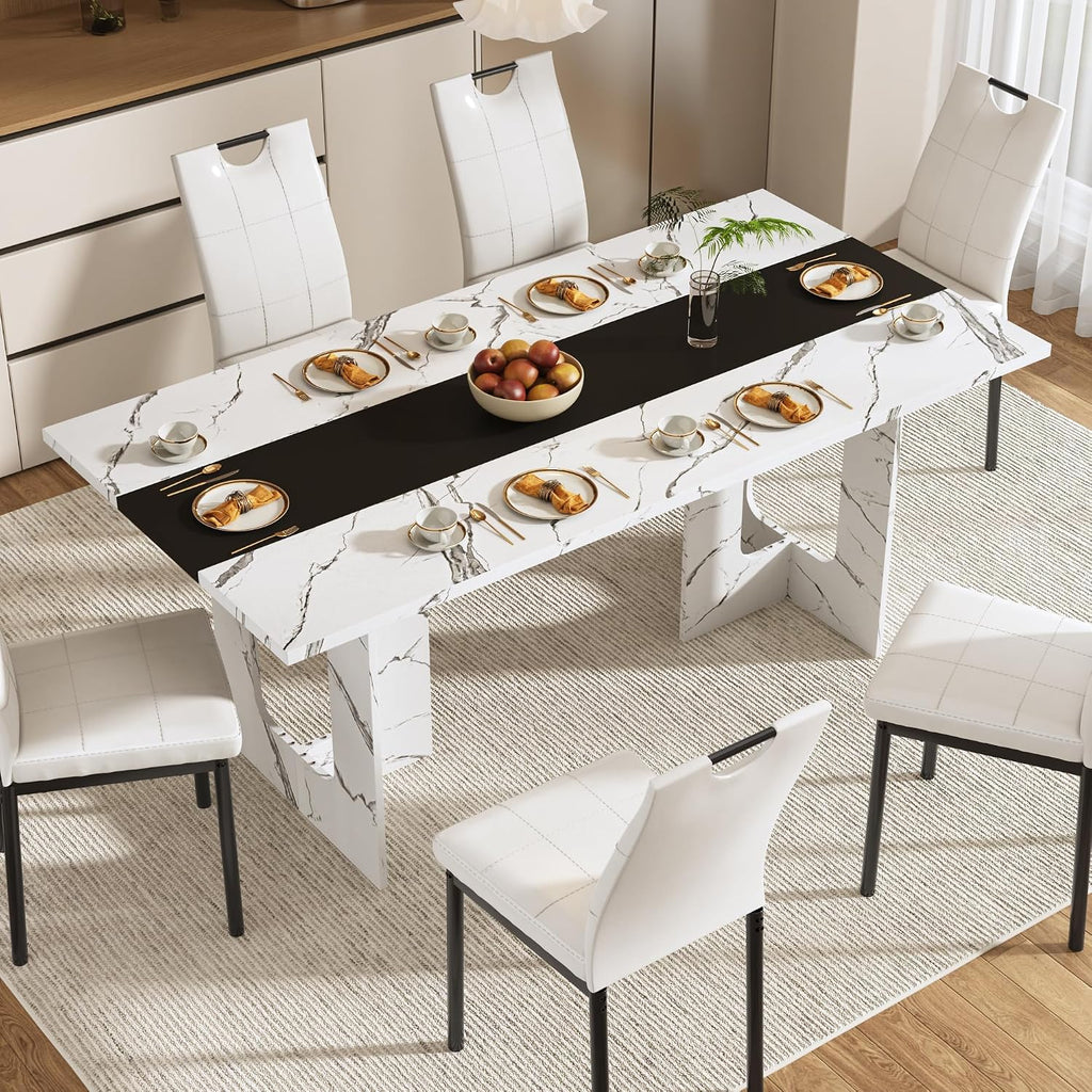 St.Mandyu 7 Pieces Dining Table & Chairs Set for 4-8 People, 71 Inch Kitchen Table with 6 Chairs, Rectangle Dining Table with Wooden Legs for Dining Room, Living Room, White
