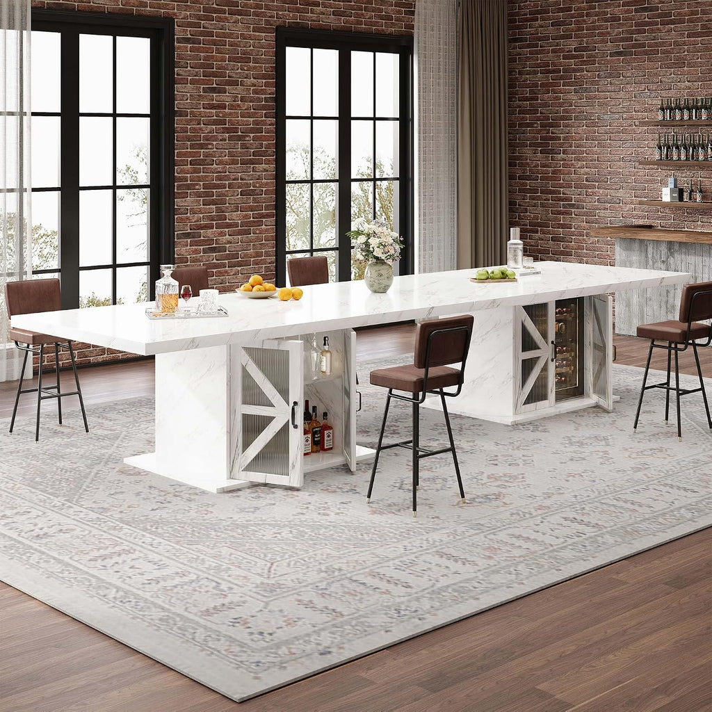 LVB Modern Dining Table for 4 to 6, White Rectangle Kitchen Table with Storage, Wooden Pedestal Dining Room Table with Fridge Space, Large Dinner Tables for Home,Living Room,White Faux Marble, 63 Inch