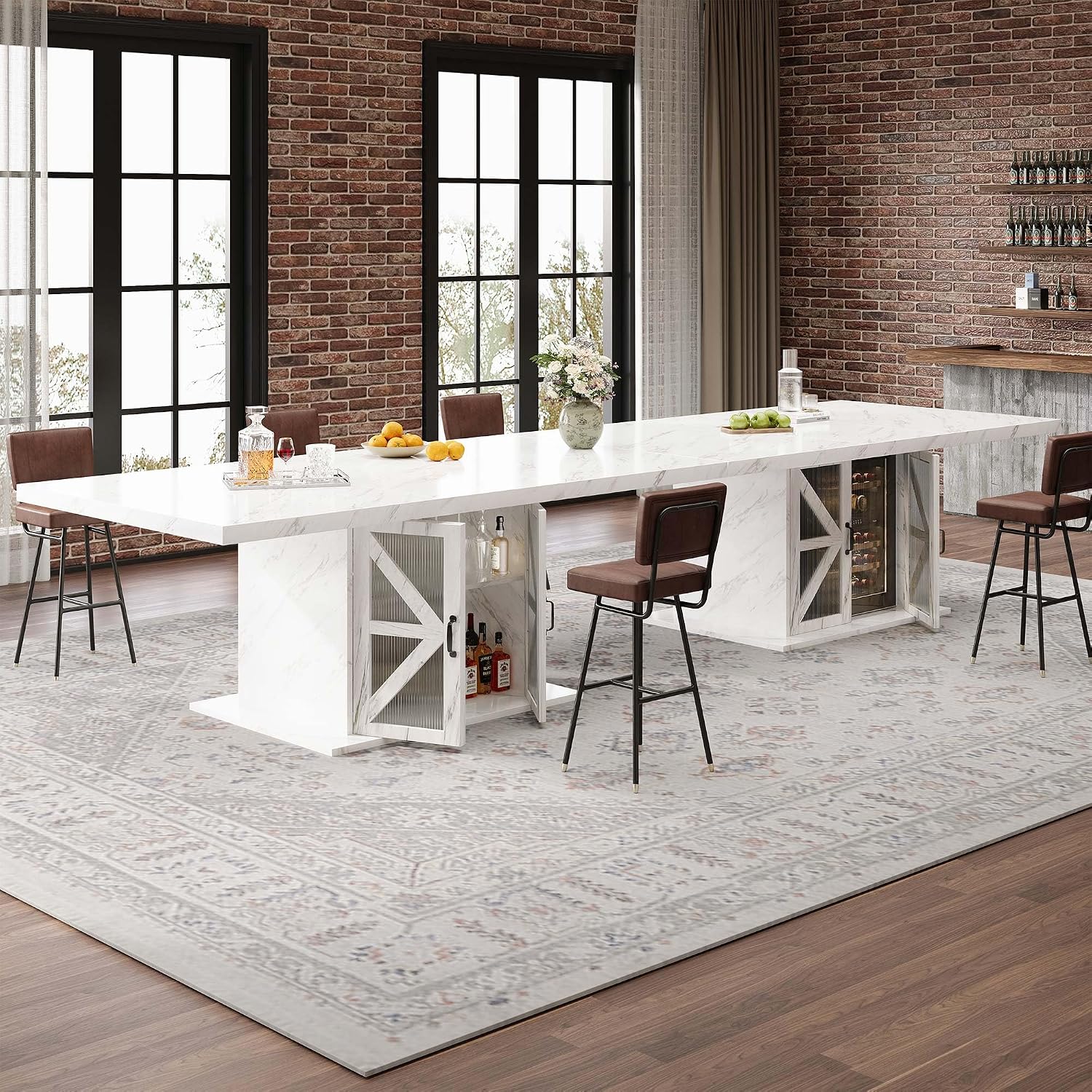 LVB Modern Dining Table for 4 to 6, White Rectangle Kitchen Table with Storage, Wooden Pedestal Dining Room Table with Fridge Space, Large Dinner Tables for Home,Living Room,White Faux Marble, 63 Inch