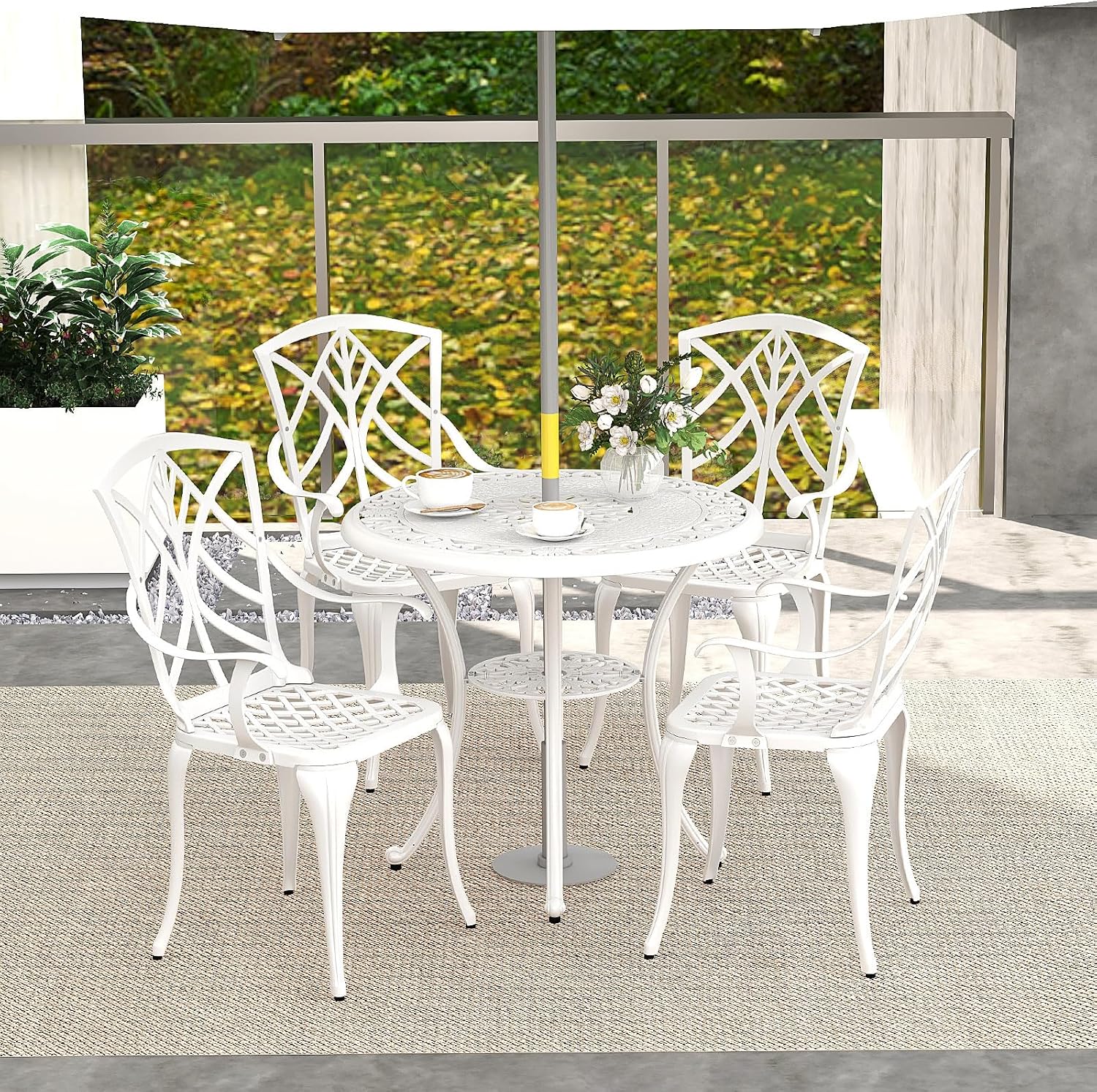 Tangkula 31.5' Cast Aluminum Patio Dining Table, Round Outdoor Bistro Table with 2' Umbrella Hole, Outdoor Side Table for Backyard, Lawn, Deck and Garden, White
