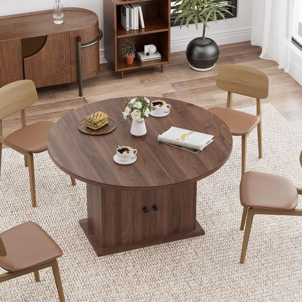 43.3in-59in Extendable Round Dining Table for 4-8, Modern Expandable Kitchen Oval Dining Table, Space Saving Circle Dining Room Table with Storage Shelf for Kitchen Living Room