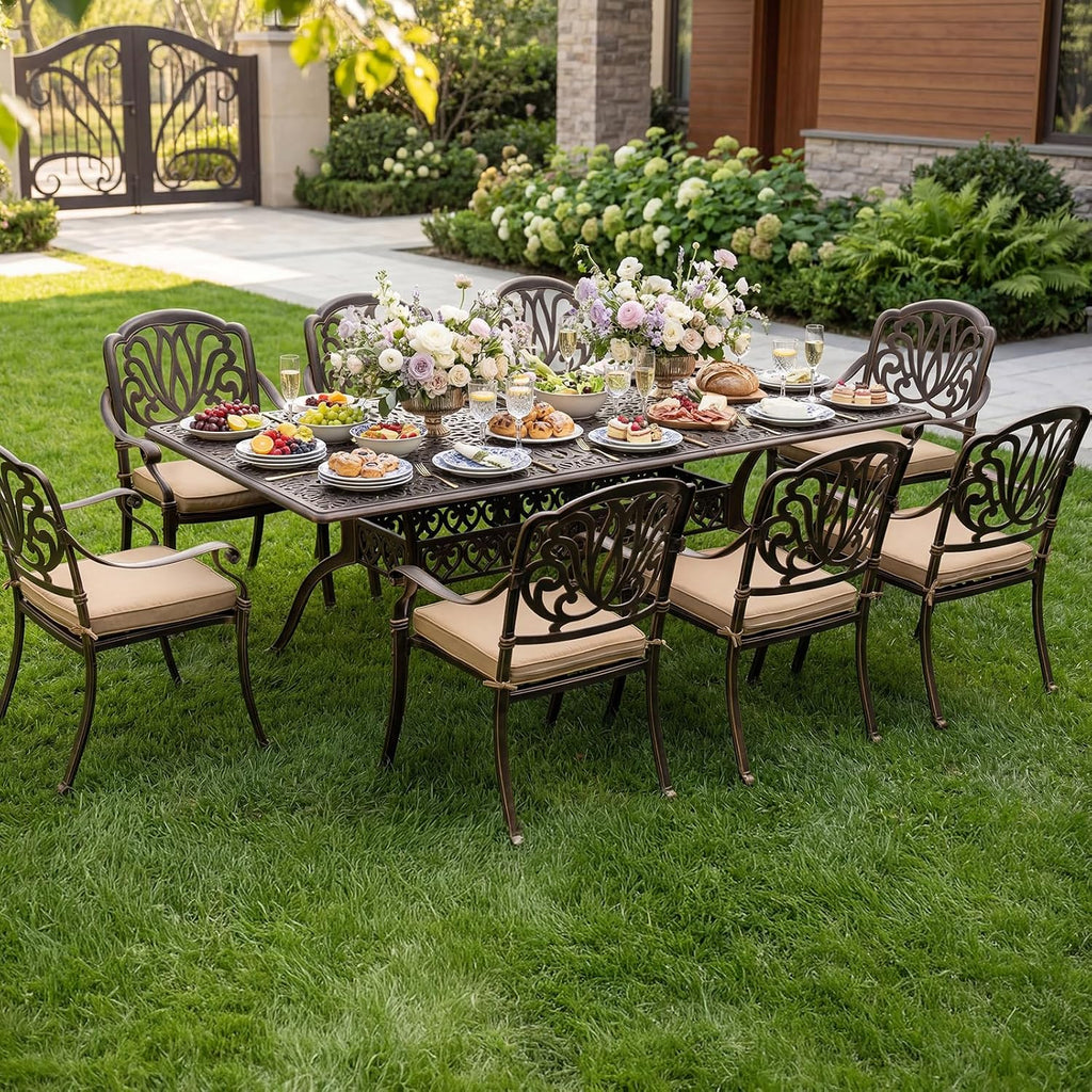 VINGLI 9 Pieces Outdoor Dining Set, Cast Aluminium All-Weather Patio Dining Set for 8 with Umbrella Hole, Outdoor Dining Table and Chairs with Cushion for Yard, Garden, Porch and Poolside, Bronze