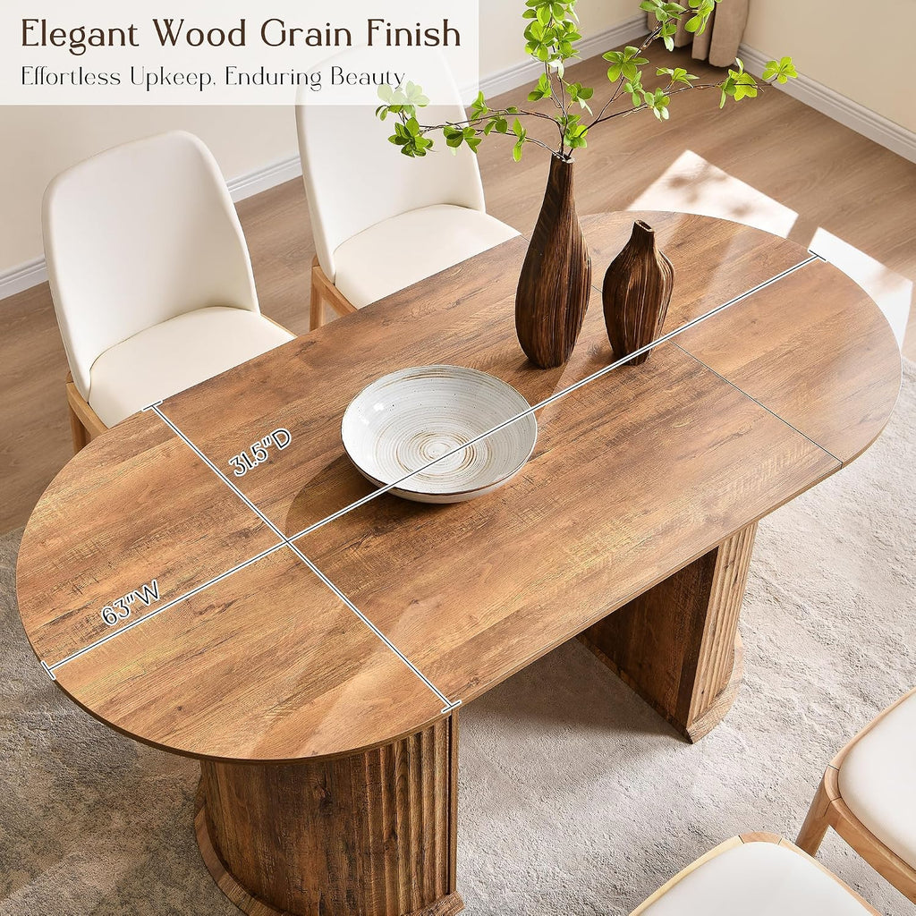 T4TREAM 63' Fluted Oval Dining Table for 4-6, Mid-Century Modern Kitchen Table with Thickened Edge & Semi-Cylindrical Base, Wood Table for Dining Room/Kitchen/Home Office,Gold Rustic Brown(Table Only)