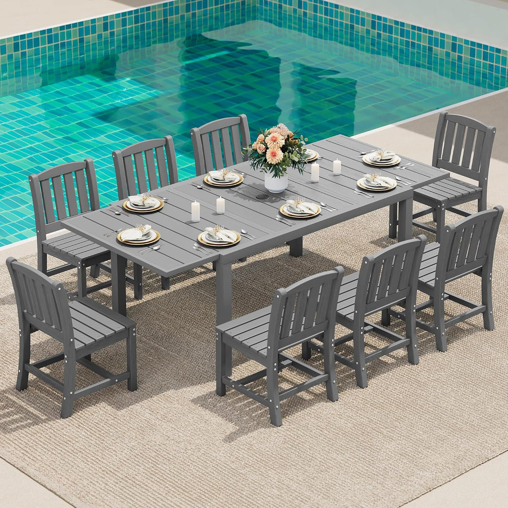 SERWALL 9-Piece Outdoor Dining Set, 60' - 83' Expandable Outdoor Dining Table and 8 HDPE Chairs, All Weather HDPE Outdoor Furniture Set for Backyard, Garden, Grey