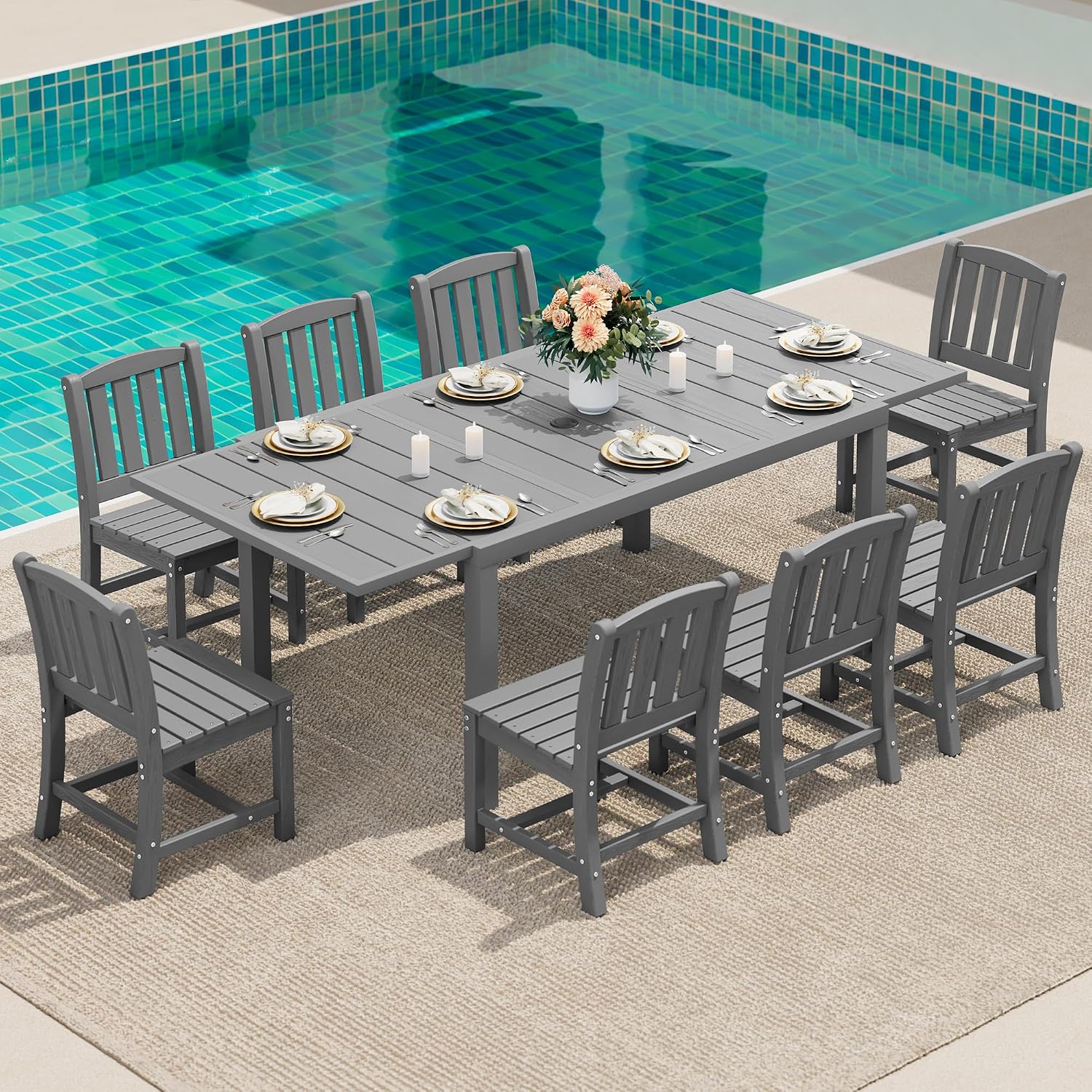 SERWALL 9-Piece Outdoor Dining Set, 60' - 83' Expandable Outdoor Dining Table and 8 HDPE Chairs, All Weather HDPE Outdoor Furniture Set for Backyard, Garden, Grey