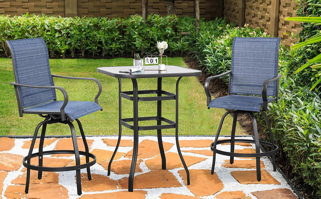 Shintenchi 3 Piece Patio Swivel Bar Stools Set, Outdoor Patio Bar Table and Chairs Set, All Weather Bar Height Chairs Set of 2, High Top Bistro Set Furniture for Balcony, Backyard, Garden, Deep Blue