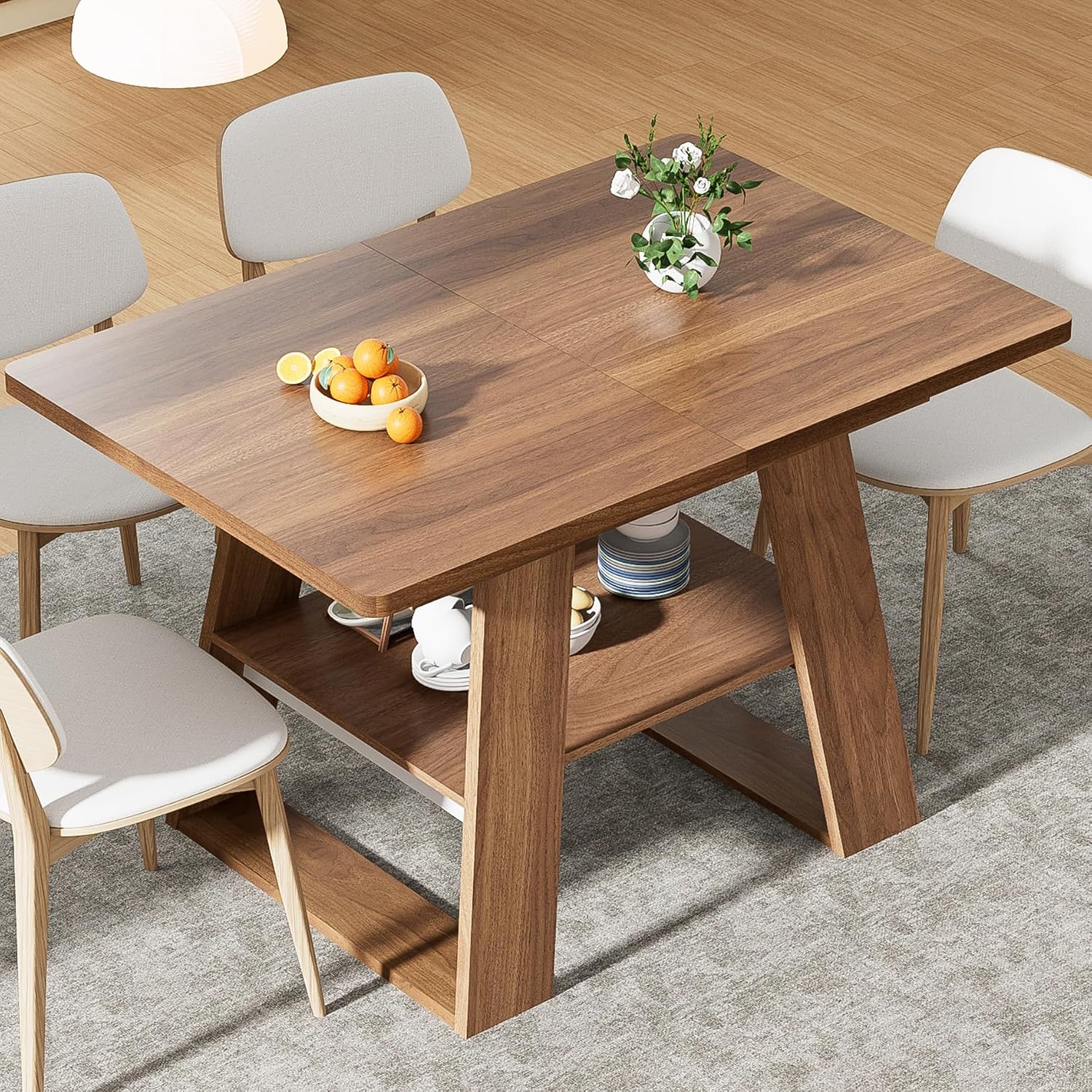 Lxsxlome 47.24''-66.92'' Extendable Dining Room Table for 4-6, Rectangle Extendable Kitchen Table with Removable Leaves, Space Saving, Wooden Dining Table with Storage Shelf (Style 2, Walnut)