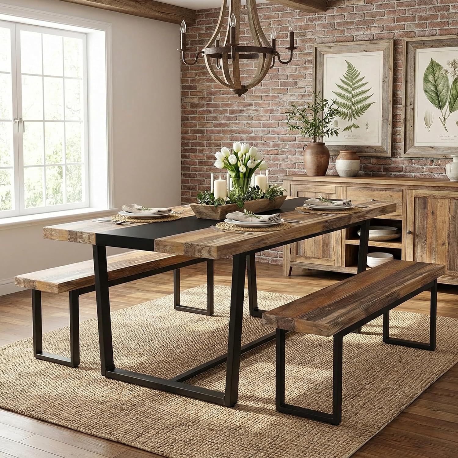 STHOUYN 71' 6ft Large Dinner Table for 6 8 Seat Dining Room Table, Rectangular Farmhouse Modern Kitchen Long Black & Brown Industrial Conference (Brown)