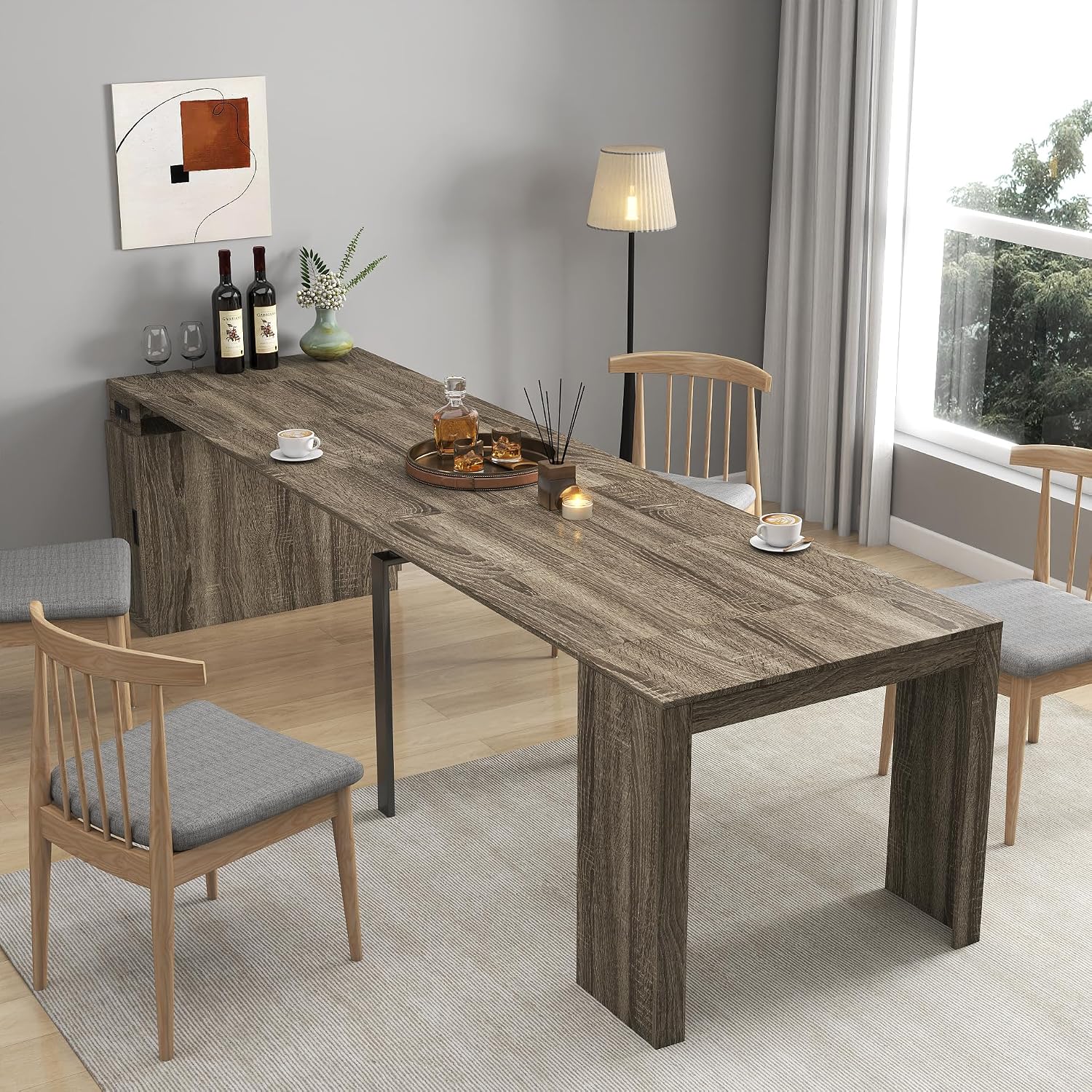 Extendable Dining Table, Transformer Console with Storage & Power Outlets, Space Saving Folding Table for 10-12 People, Modern Dining Furniture, Grey