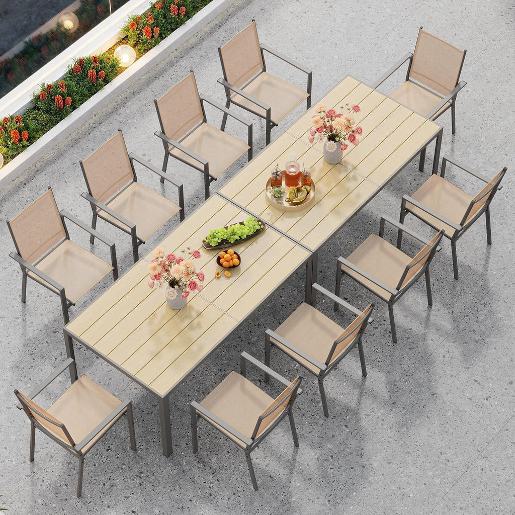 Ahomly Patio Table and Chairs Set for 6, Outdoor Dining Set Includes 59.5' Rectangle Patio Table with Side Umbrella Hole and 6 Textilene Fabric Patio Chairs for Backyard, Courtyard, Poolside, Brown