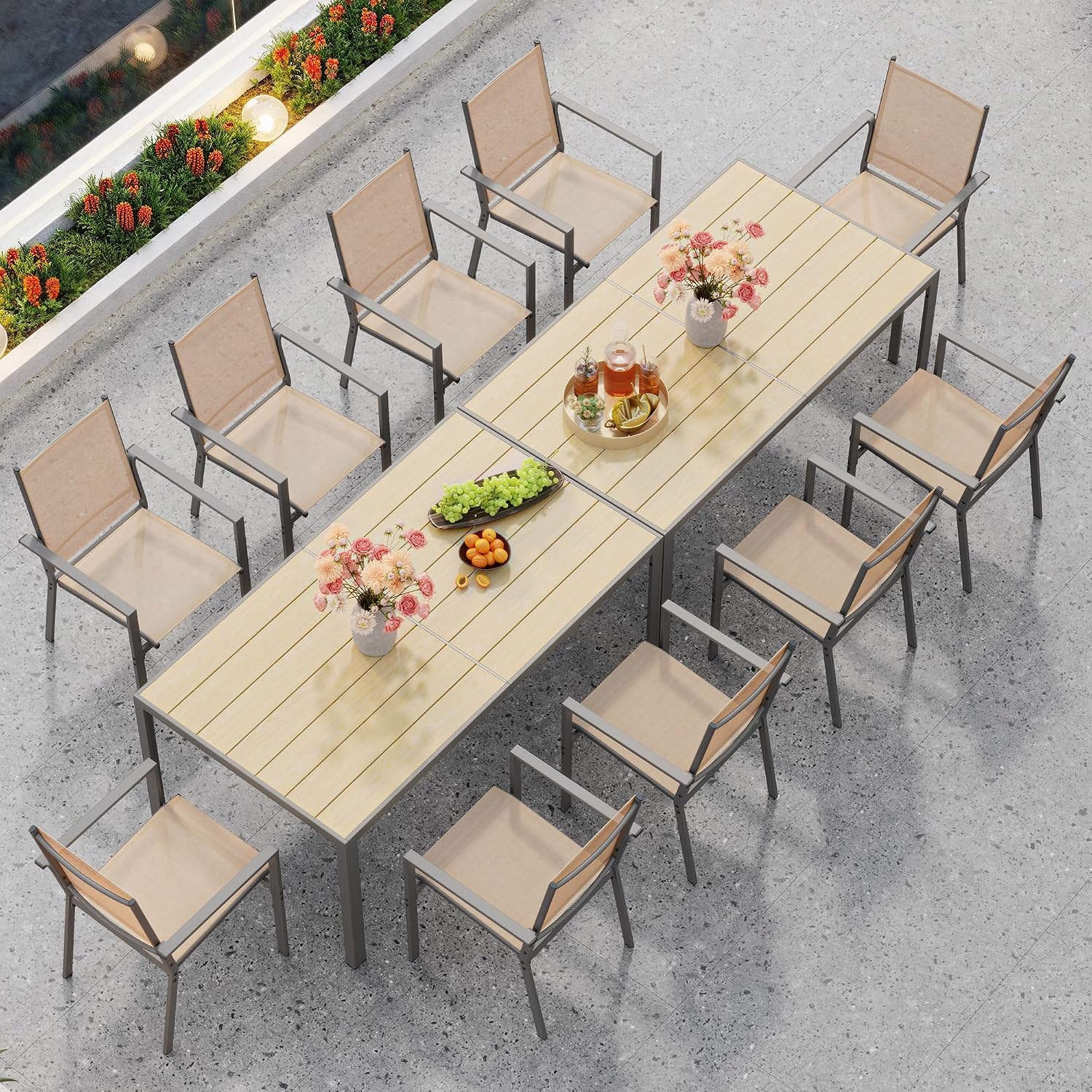 Ahomly Patio Table and Chairs Set for 6, Outdoor Dining Set Includes 59.5' Rectangle Patio Table with Side Umbrella Hole and 6 Textilene Fabric Patio Chairs for Backyard, Courtyard, Poolside, Brown