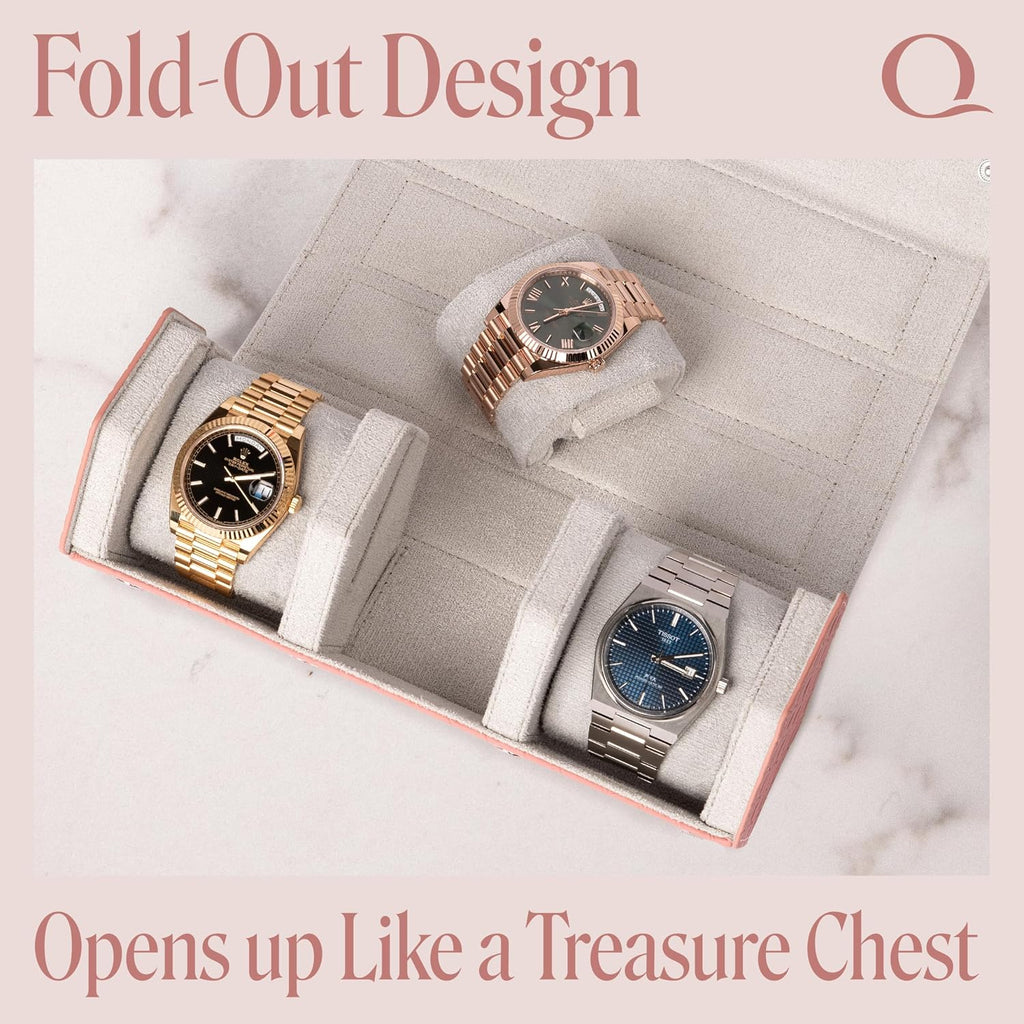 QWATCHBANDS Ladies Leather Watch Rolls for Women - Hexagon Triple Watch Roll Travel Case for 3 Watches - Storage Organizer Genuine Leather with Velvet Interior Display (Woven Pink/Gray)