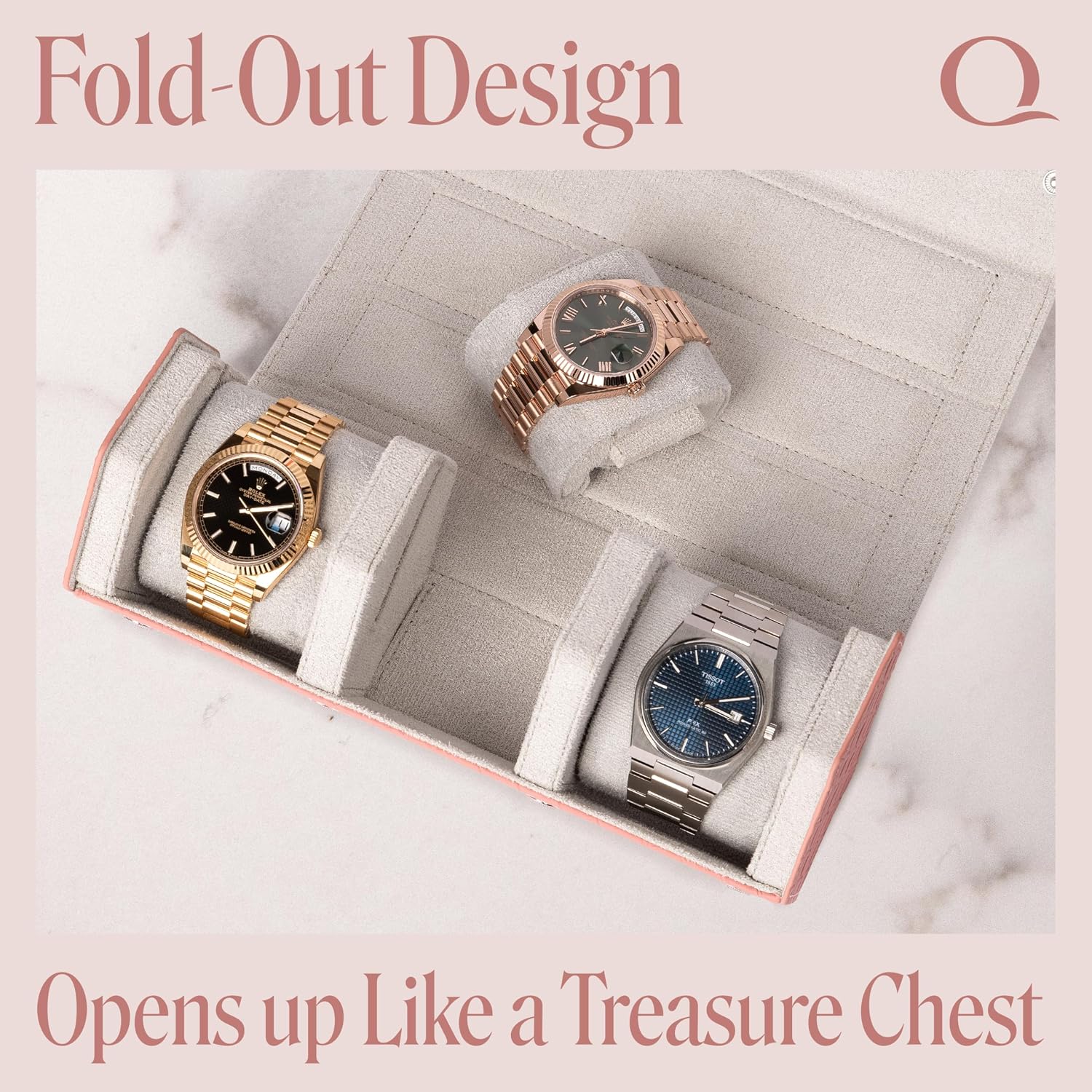 QWATCHBANDS Ladies Leather Watch Rolls for Women - Hexagon Triple Watch Roll Travel Case for 3 Watches - Storage Organizer Genuine Leather with Velvet Interior Display (Woven Pink/Gray)