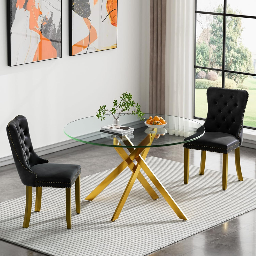 HomVent 3 Piece Round Glass Dining Table Set, Tempered Glass Dinner Table Set for 2 Kitchen Table Set with 2 Velvet Upholstered Chairs for Kitchen Dining Room