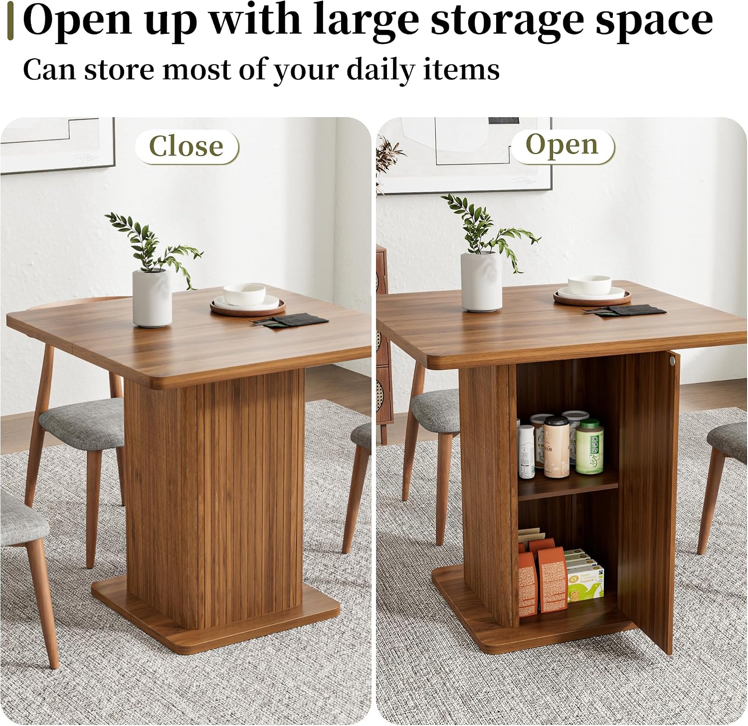 Small Square Dining Table for 2-4, 31.5 Inch Farmhouse Kitchen Table with 2-Tier Storage Shelf, Modern Wood Dinner Furniture with Fluted Doors, Dining Room, Living Room, Space Saving, Walnut