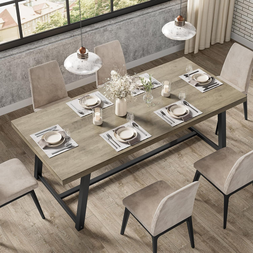IRONCK 71' Dining Table for 6-8 People, Industrial Kitchen Table with Sturdy Metal Frame, Rectangular Grey Wood Dinner Table for Dining Room