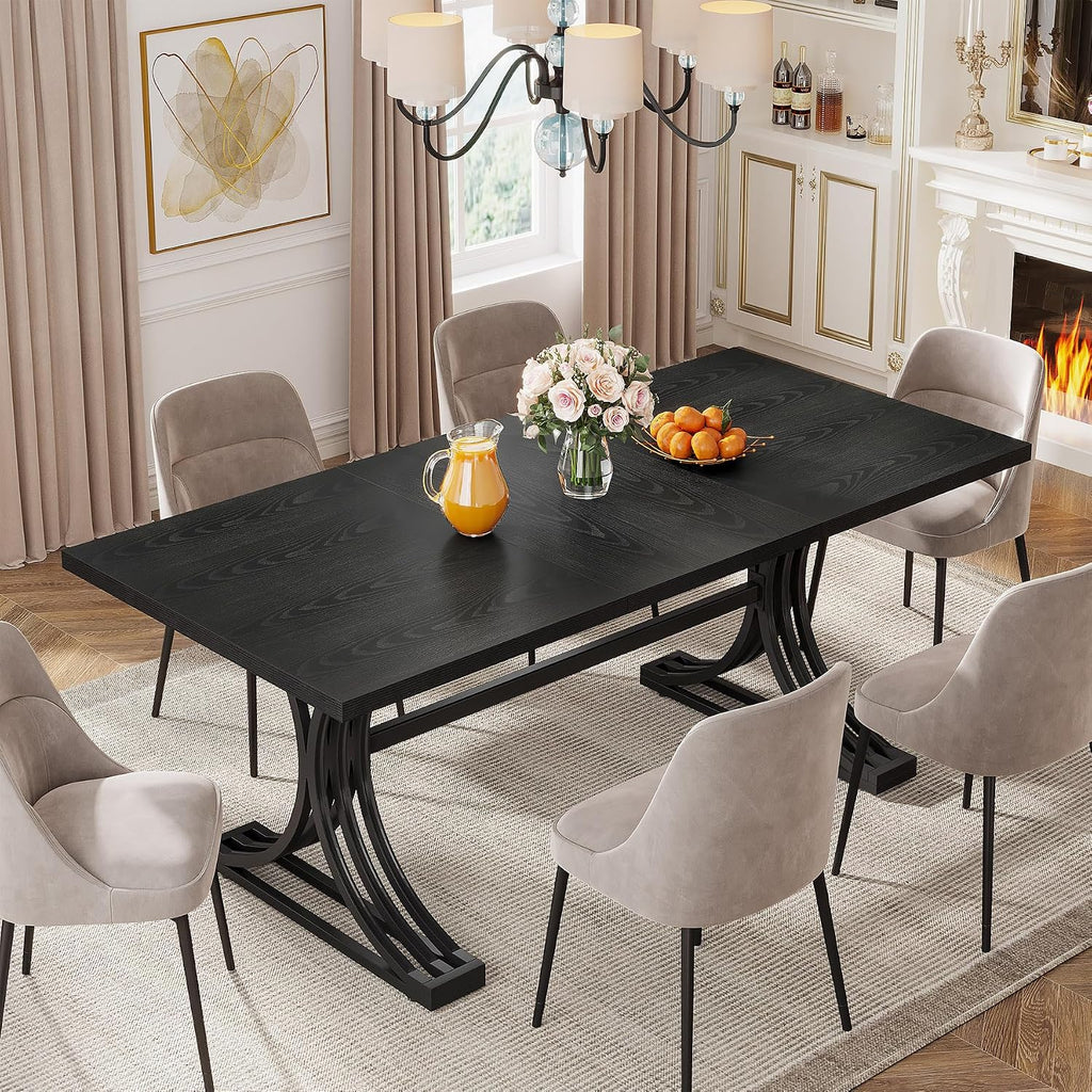 Tribesigns 63-Inch Rectangular Dining Table for 4 to 6, Modern Kitchen Tables with Stylish Metal Trestle Legs, Large Dinner Table for Dining Room, Only Table (Black)