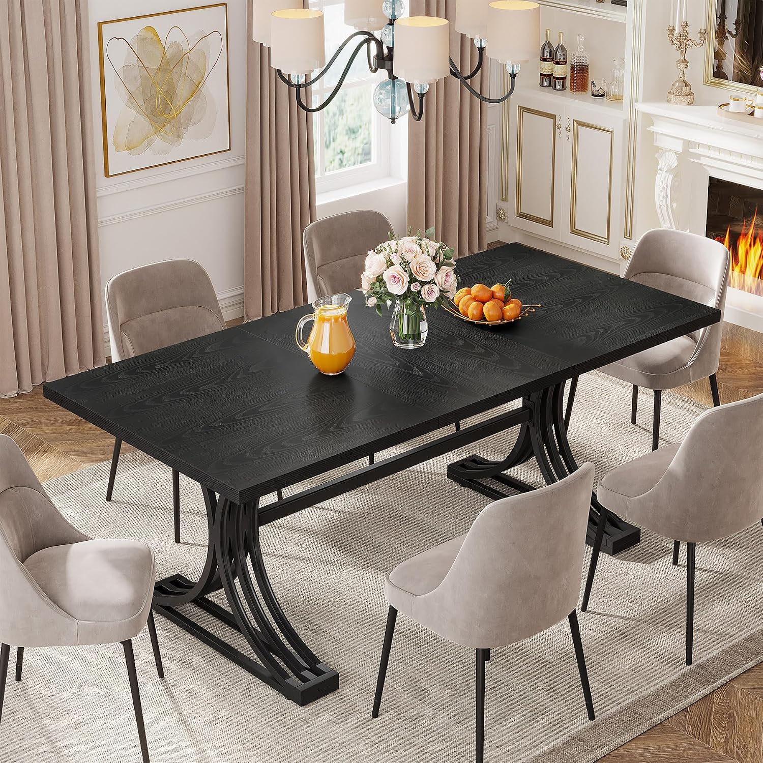 Tribesigns 63-Inch Rectangular Dining Table for 4 to 6, Modern Kitchen Tables with Stylish Metal Trestle Legs, Large Dinner Table for Dining Room, Only Table (Black)