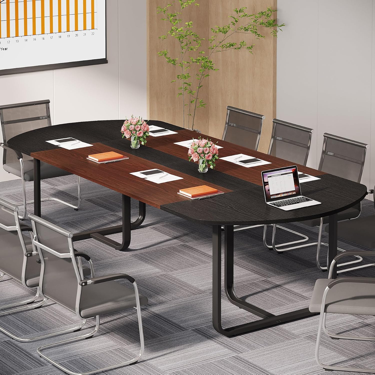 Tribesigns 6FT Conference Table, Large Conference Room Table, Modern Oval Shaped Meeting Table for Seminar, Office Meeting Walnut & Black