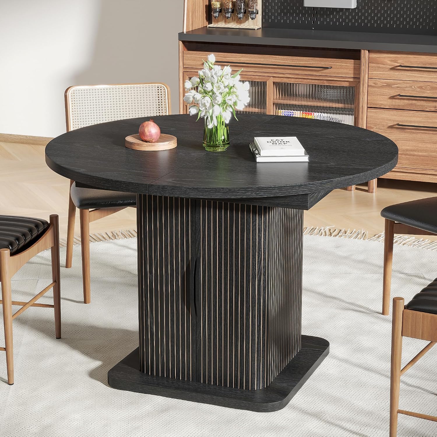 Extendable Black Round Dining Table for 4-6-8, 59 Inch Kitchen Dining Room Table with Storage, Modern Oval Circle Dinner Furniture, Fluted Wood Slide Door, for Home, Living Room, Farmhouse, Black