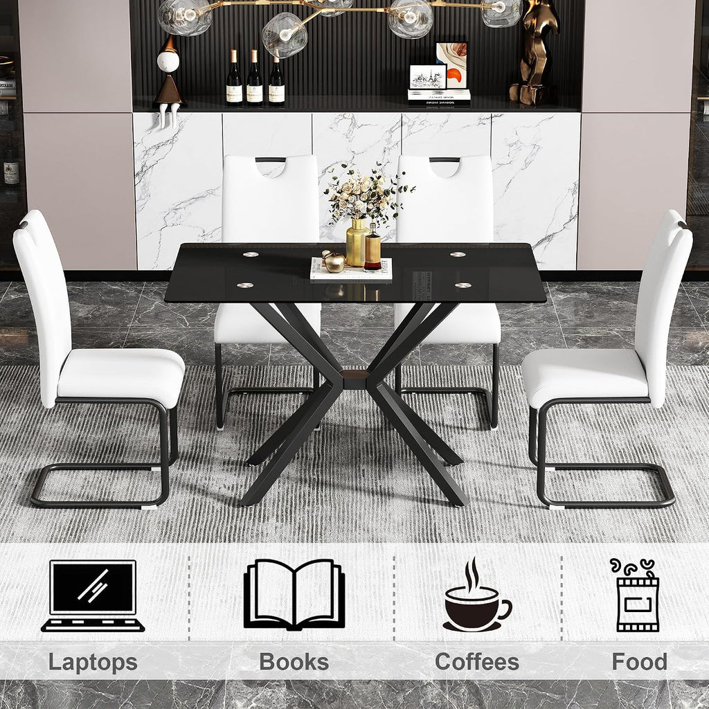 47.2' Black Glass Dining Table, Modern Kitchen Table for 4 People, Contemporary Rectangular Dining Room Dinner Tables with Black Glass Top & Black Metal X Legs for Kitchen Apartment