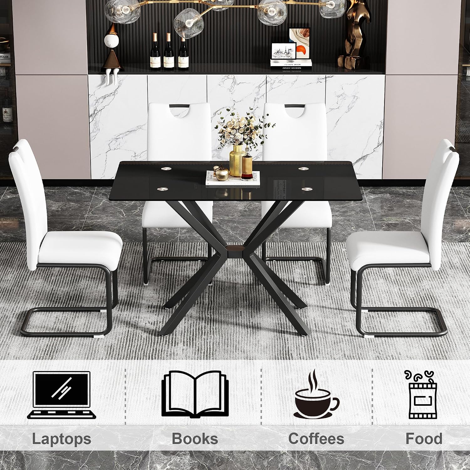 47.2' Black Glass Dining Table, Modern Kitchen Table for 4 People, Contemporary Rectangular Dining Room Dinner Tables with Black Glass Top & Black Metal X Legs for Kitchen Apartment