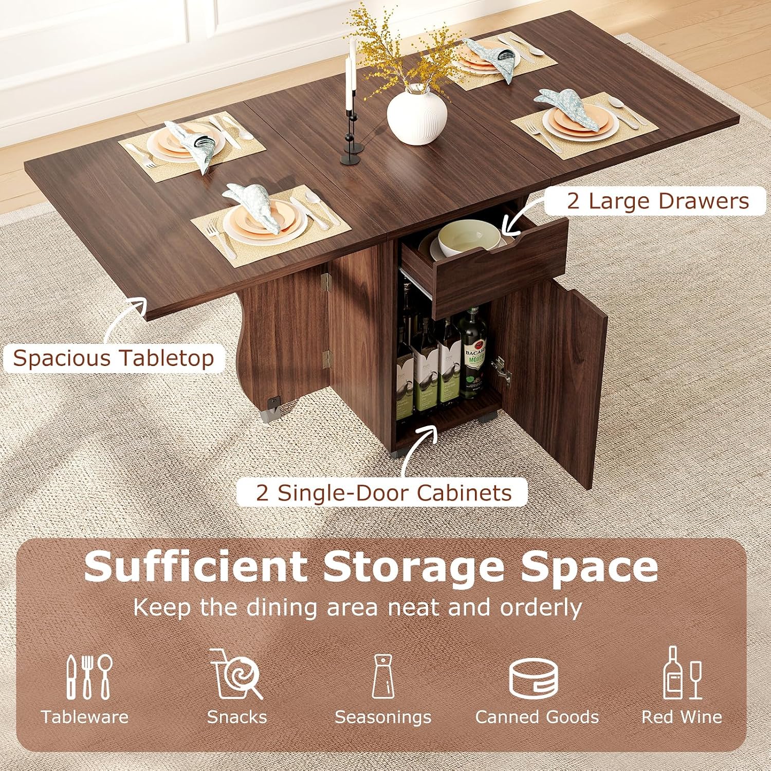 Giantex 3-in-1 Folding Dining Table for 4-6, 69-Inches Drop Leaf Kitchen Table with 2 Drawers and 2 Cabinets, Lockable Wheels, Foldable Dinner Tables for Small Spaces, Dinette (Walnut)