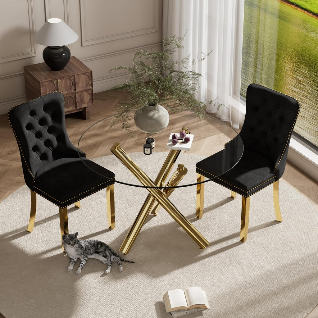 3 Piece Clear Round Glass Top Dining Set, 36'' Mid Century Modern Circle Dinner Room Set, 2 Person Luxury Circular Kitchen Table Set, Black High-end Tufted Chairs, for Small Apartment (Gold)