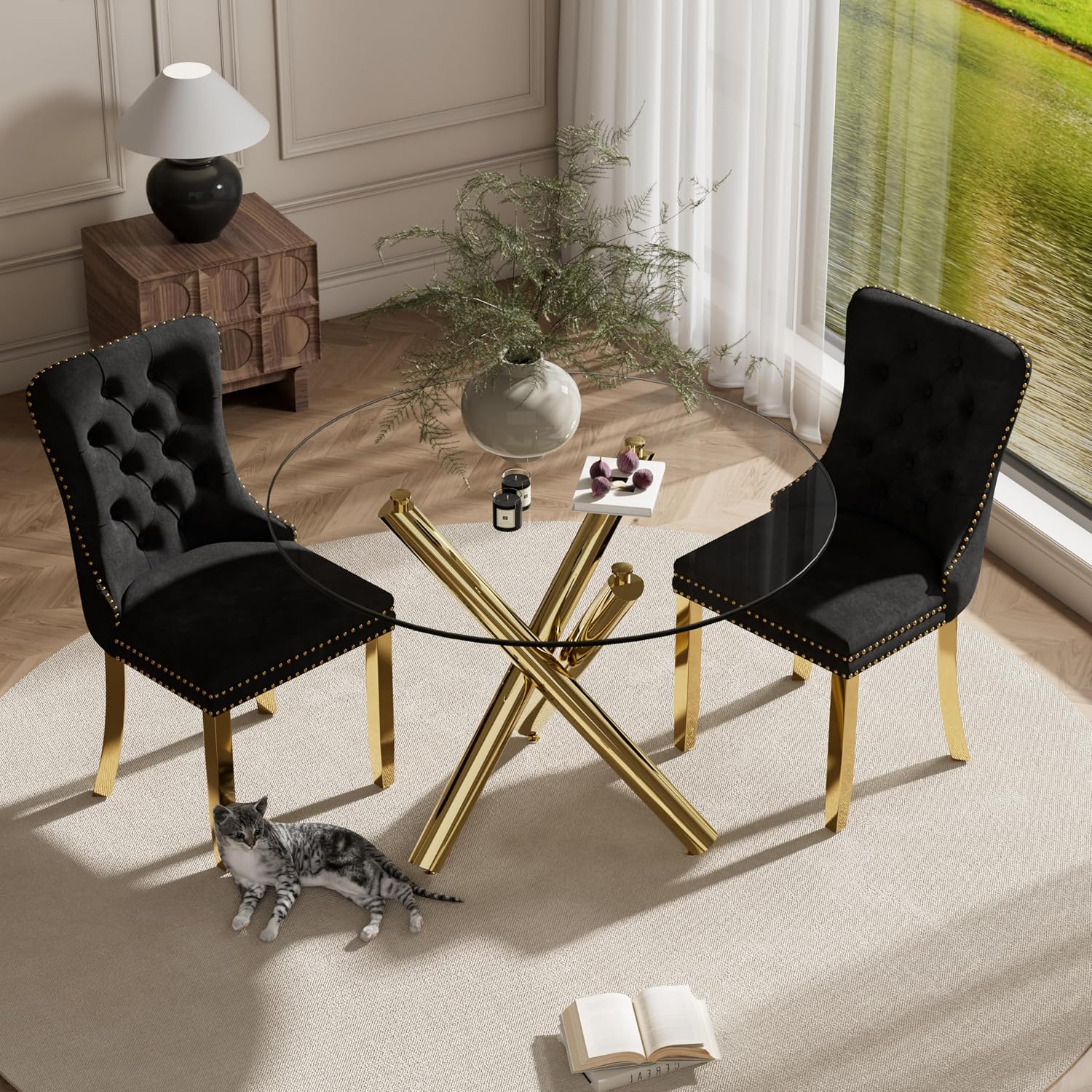 3 Piece Clear Round Glass Top Dining Set, 36'' Mid Century Modern Circle Dinner Room Set, 2 Person Luxury Circular Kitchen Table Set, Black High-end Tufted Chairs, for Small Apartment (Gold)