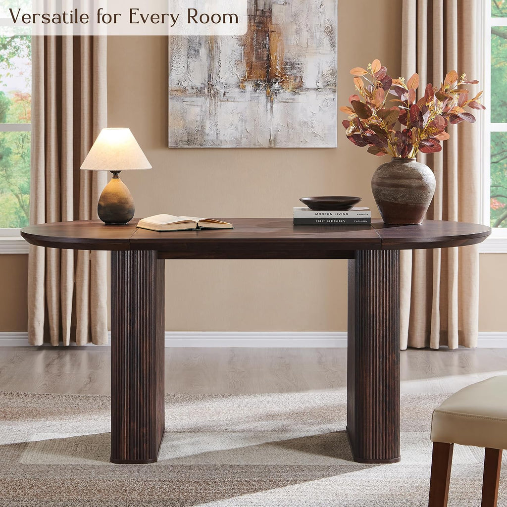 T4TREAM 63' Fluted Oval Dining Table for 4-6, Mid-Century Modern Kitchen Table with Thickened Edge & Strip Pedestal Base, Wood Luxury Table for Dining Room/Kitchen/Home Office, Walnut (Table Only)