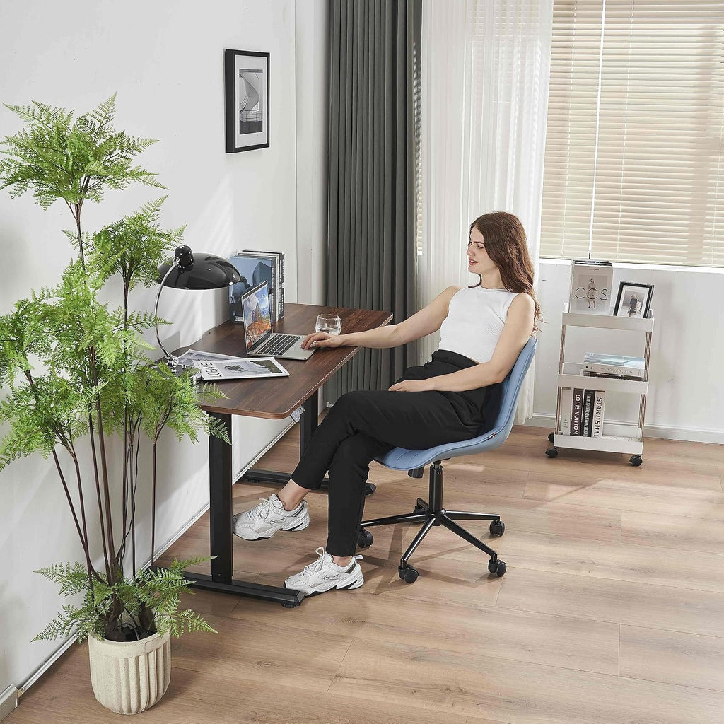 YOUNIKE Blue Office Desk Chair with Wheels Comfy Armless Vanity Chair with Back Modern Small Faux Leather Upholstered Rolling Task Chair Cute Computer Drafting Sewing Chair Swivel Adjustable Compact