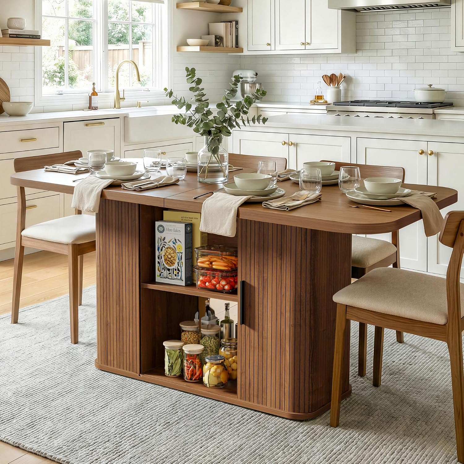 SUNCOZE Mid-Centur Dinner Tables for 4/6/8, 70.9' Rectangle Dining Room Table with Large Tabletop and Sliding Tambour Doors, Fluted Dining Table 2-Layer Storage for Kitchen and Living Room, Walnut