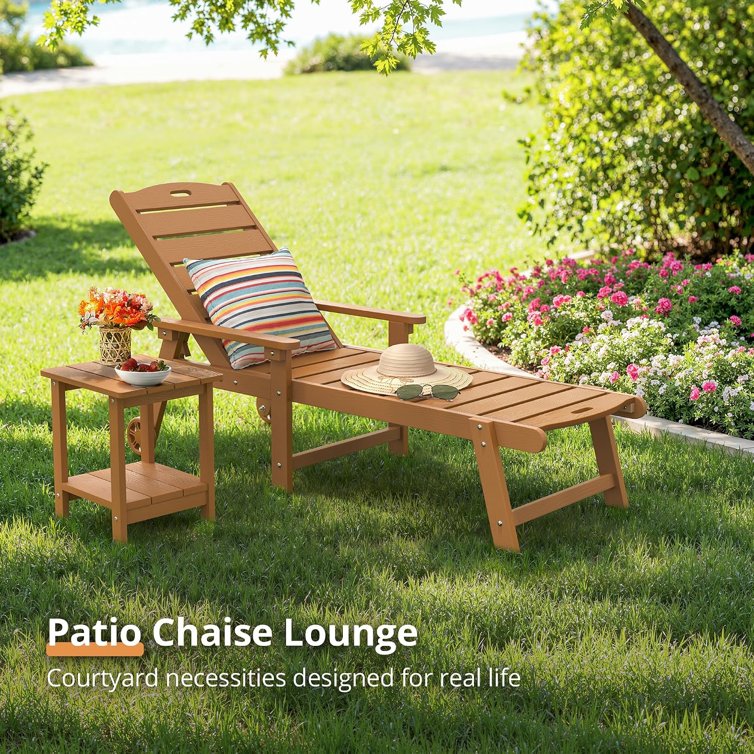 LUE BONA Chaise Lounge Chairs Set with Table, 3-Piece, 79'' Oversized HDPS Chaise Lounger, 5 Positions Adjustable Lounge Chairs, Pool Lounge Chair with Wheels for Poolside, 3 Year Warranty, Teak Color