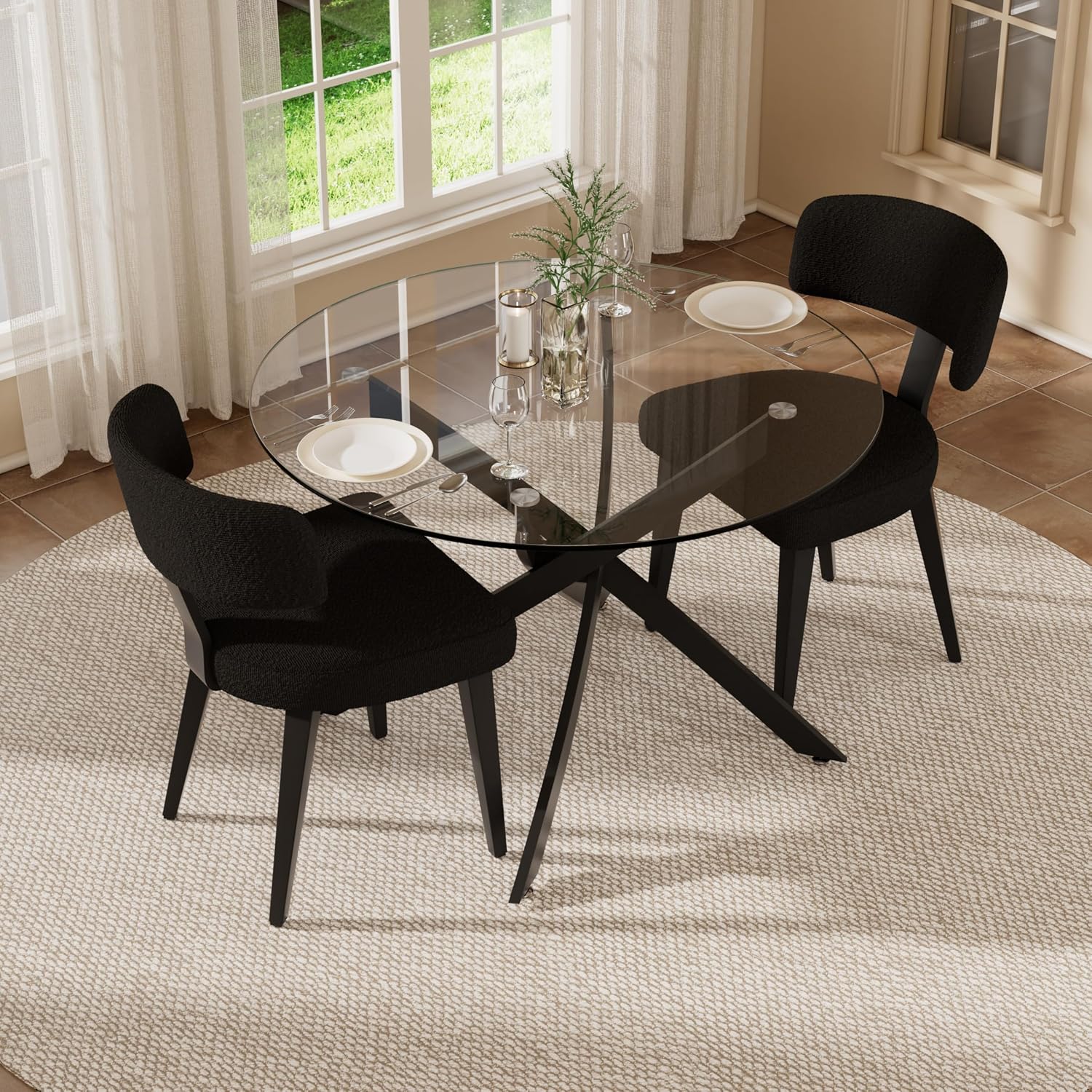Small Dining Table Set for 2, 36' Round Kitchen Table with 2 Teddy Boucle Dining Chairs, Tempered Glass Top with Metal Legs(All Black)