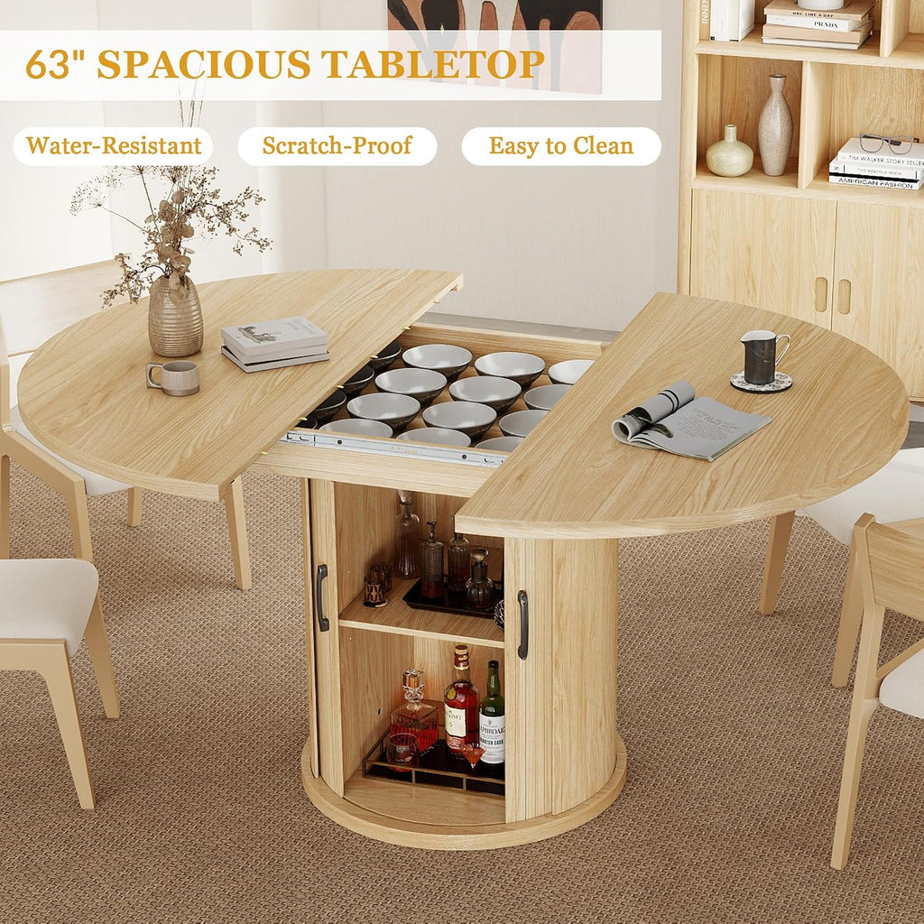 47.2'–63' Extendable Dining Room Table for 4-8, Round-to-Oval Expandable Dining Table with Dust-Proof 2-Tier Shelf, Space-Saving Wood Kitchen Table for Living Room, Oak