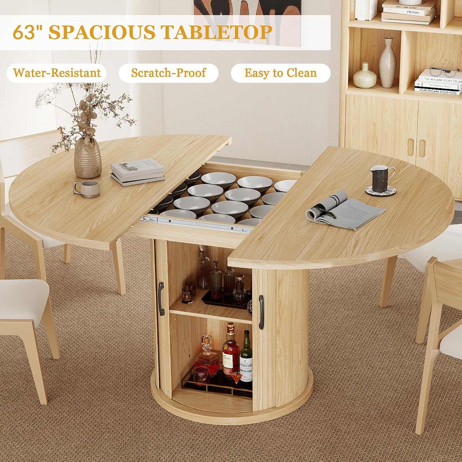 47.2'–63' Extendable Dining Room Table for 4-8, Round-to-Oval Expandable Dining Table with Dust-Proof 2-Tier Shelf, Space-Saving Wood Kitchen Table for Living Room, Oak