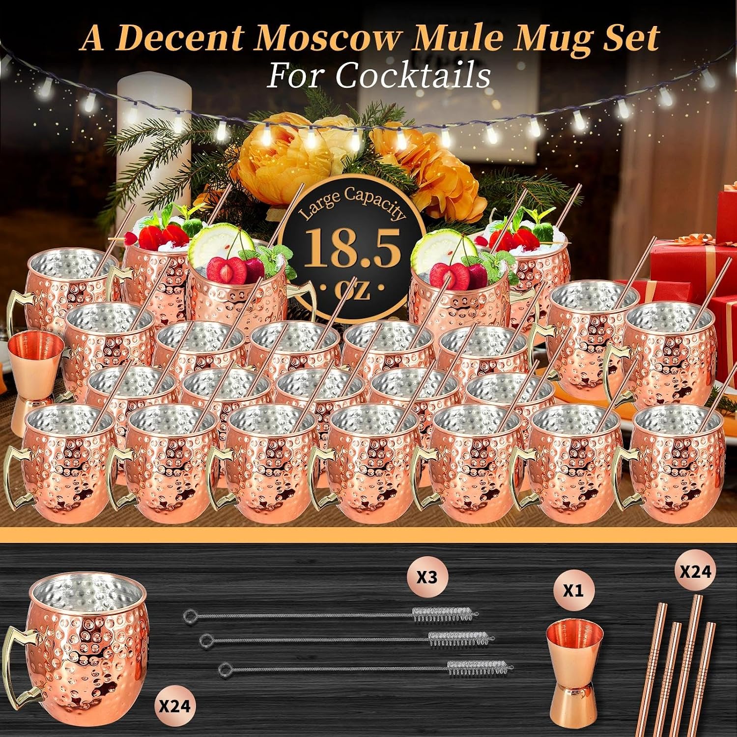 Moscow Mule Mugs Set of 24 Copper Plated Mule Mugs 18oz Bulk Large Hammered Stainless Steel Cups with Handle 1pcs 0.5oz Double Jigger Stainless Steel Straws for Cold Chilled Drinks Cocktails