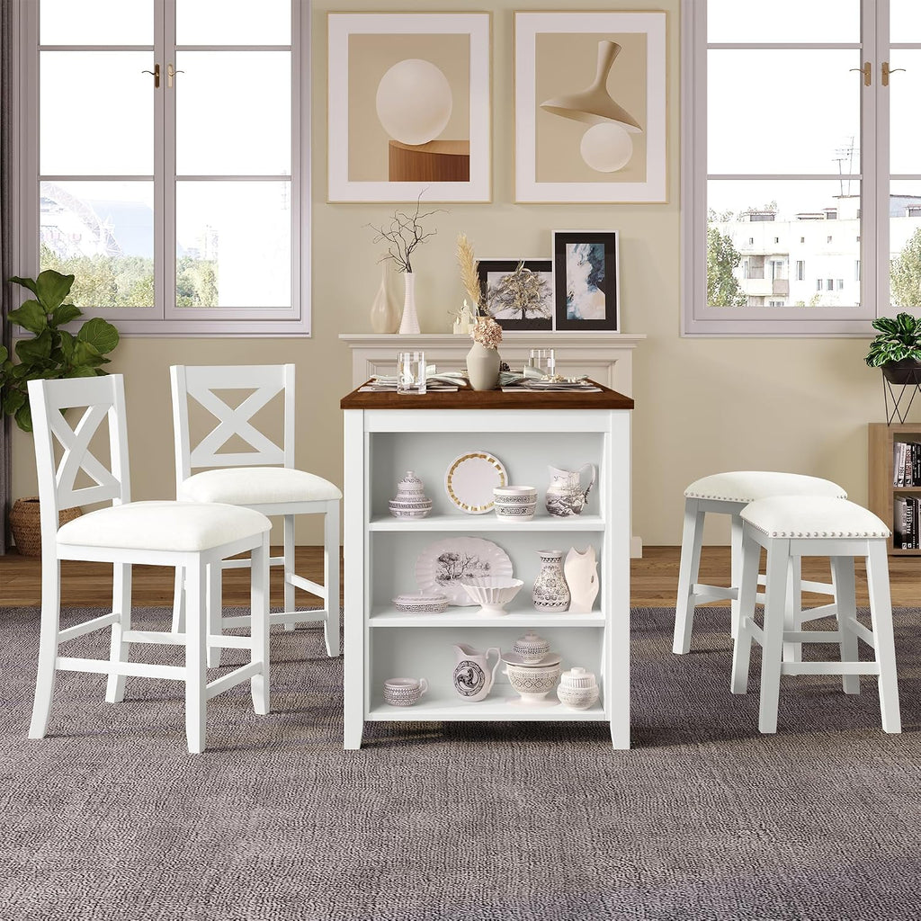 Harper & Bright Designs 5 Pieces Counter Height Wooden Bar Table Set with 3-Tier Shelf, 2 stools and 2 Chairs, Rustic Farmhouse Dining Table Set for 4, White