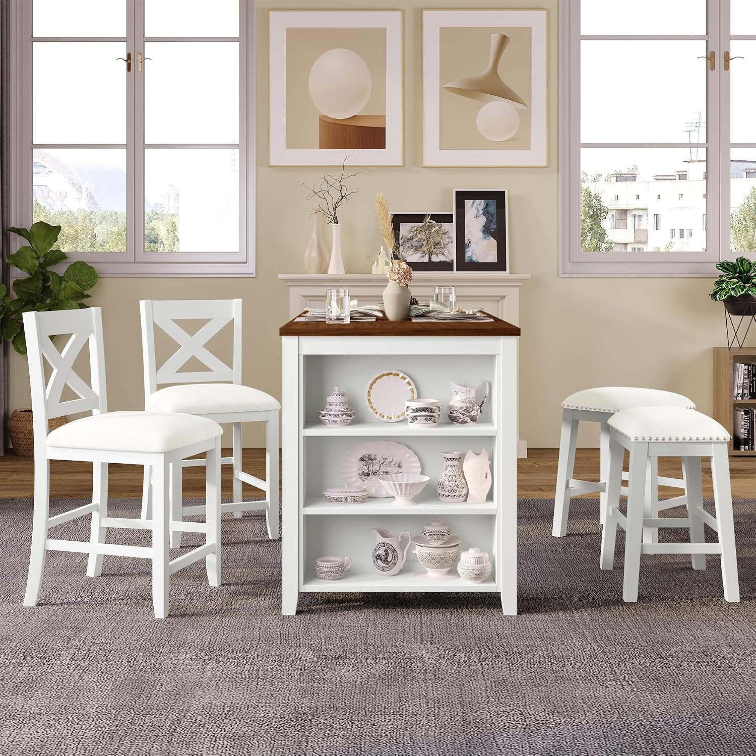 Harper & Bright Designs 5 Pieces Counter Height Wooden Bar Table Set with 3-Tier Shelf, 2 stools and 2 Chairs, Rustic Farmhouse Dining Table Set for 4, White