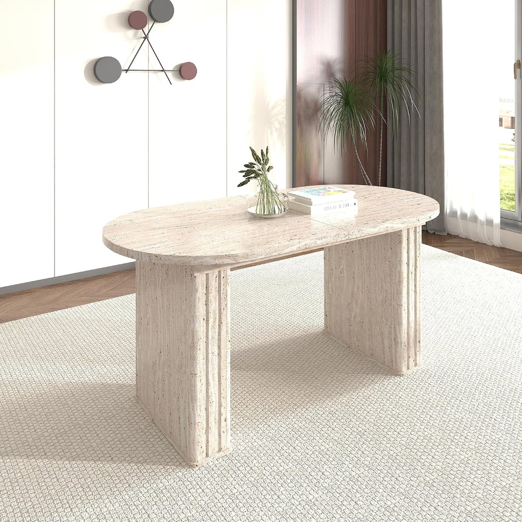 78.74' Extendable Dining Table for 4-8 People,Oval Travertine Inspired Kitchen Table with Wooden Strip Base for Family Living Room,Beige