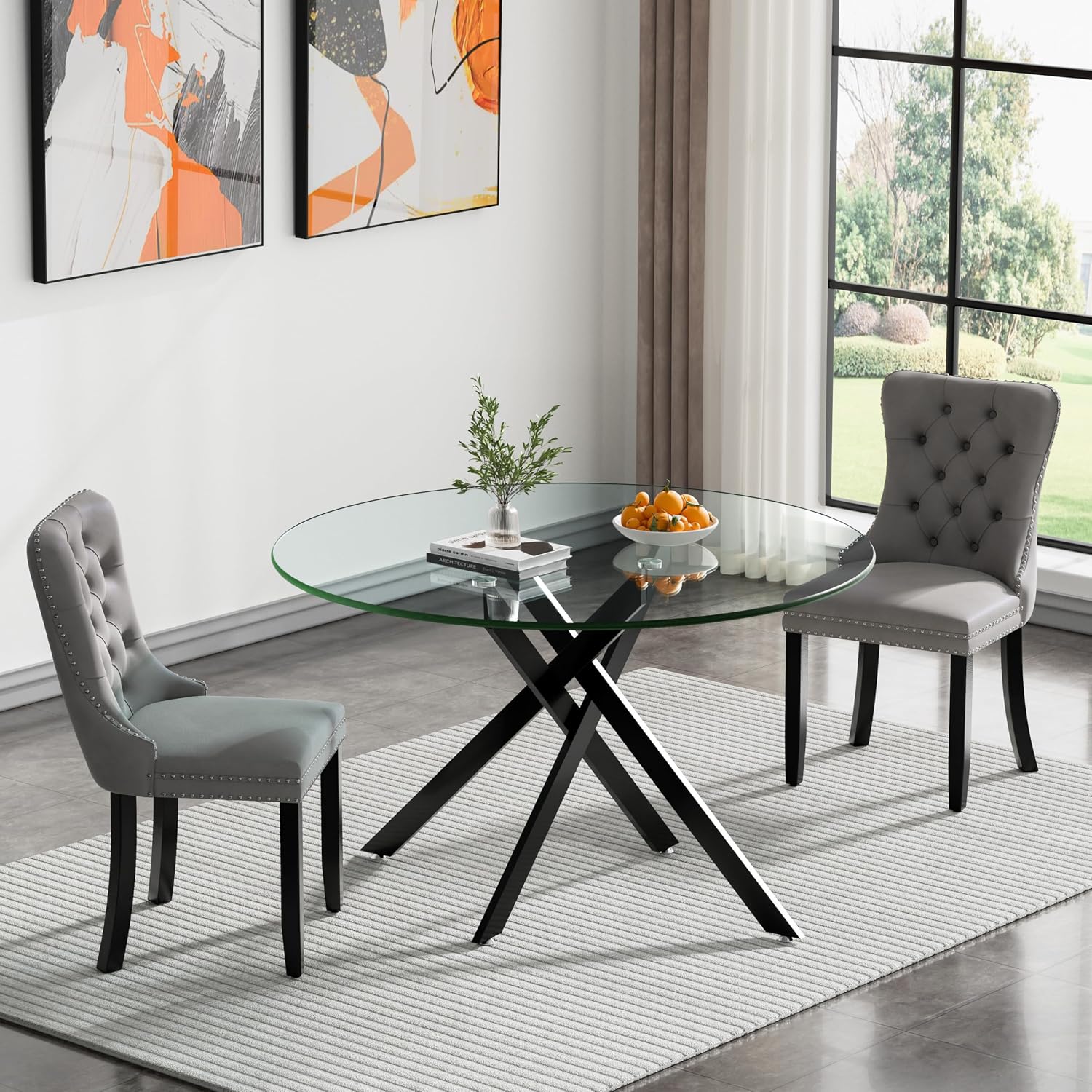 HomVent 3 Piece Round Glass Dining Table Set, Tempered Glass Dinner Table Set for 2 Kitchen Table Set with 2 Velvet Upholstered Chairs for Kitchen Dining Room