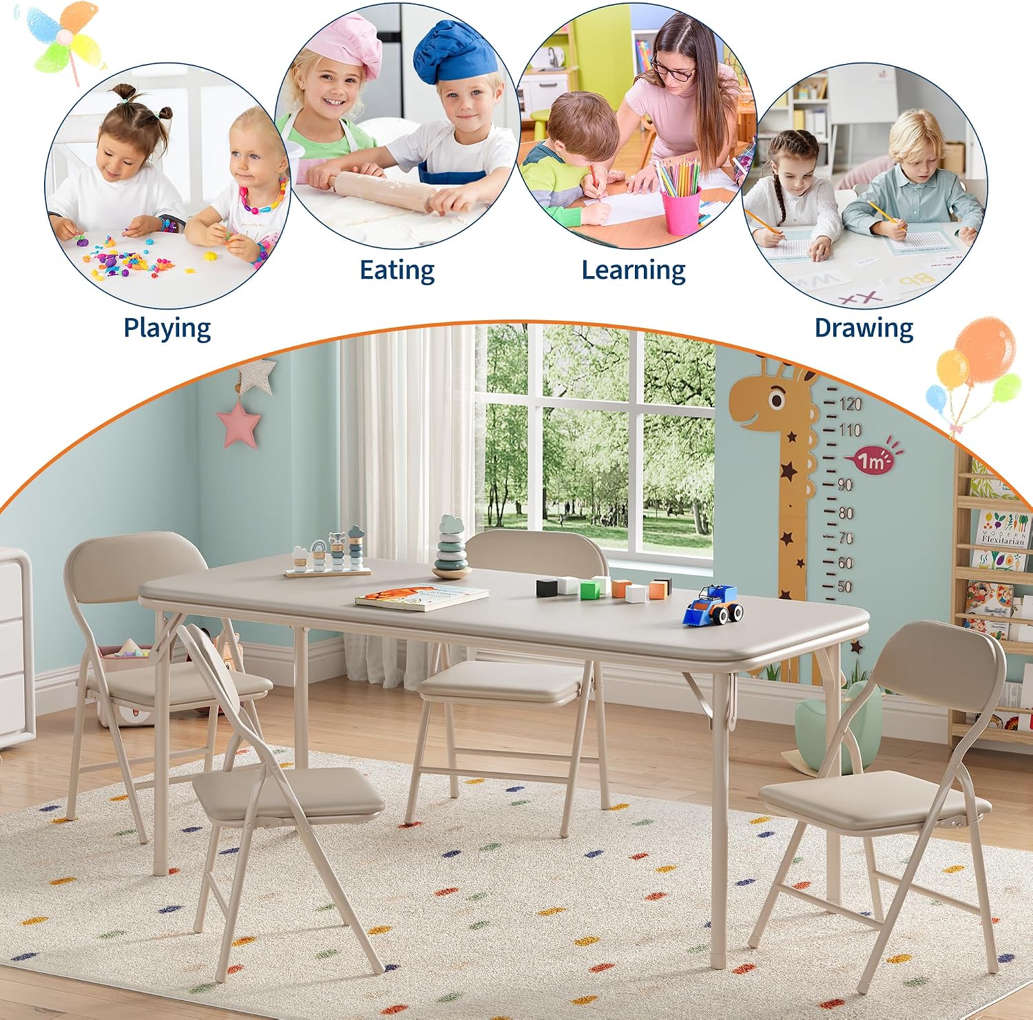 IDEALHOUSE 5 Piece Folding Kids Table and Chairs Set, Children Activity Table and Chairs Set for Dining Room,Daycare,Classrooms