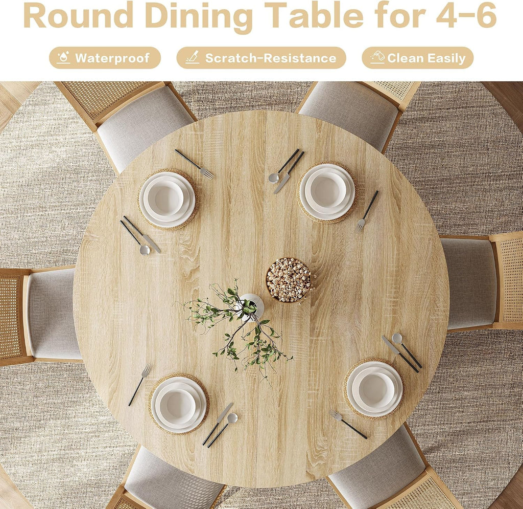 Round Dining Table for 4-6, 43.3' Modern Farmhouse Kitchen Table with Hidden Storage & Tambour Door, Japandi Style Wood Pedestal Circle Table for Small Spaces, Apartment, Dining Room, Classic Oak