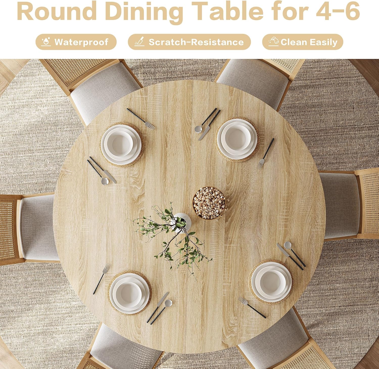 Round Dining Table for 4-6, 43.3' Modern Farmhouse Kitchen Table with Hidden Storage & Tambour Door, Japandi Style Wood Pedestal Circle Table for Small Spaces, Apartment, Dining Room, Classic Oak
