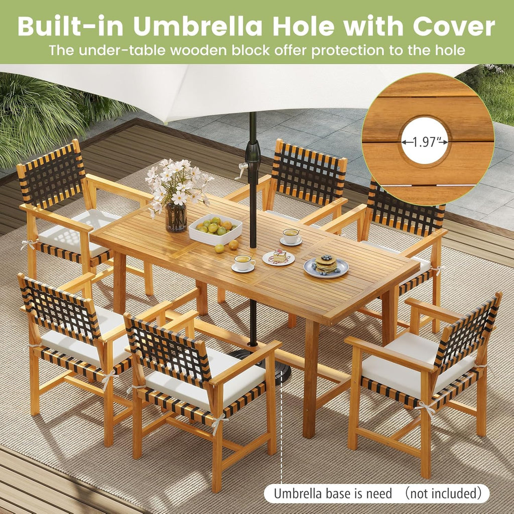HAPPYGRILL Outdoor Acacia Wood Dining Table 63', Patio Wooden Table for 6, with Slatted Tabletop, 1.97' Umbrella Hole & Cover, for Backyard, Deck, Porch